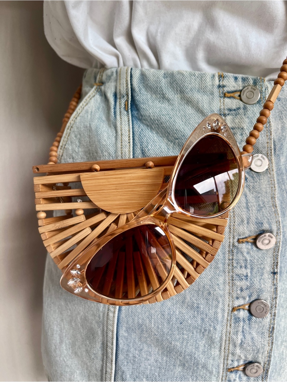 Bamboo Ark Style Crossbody Mini Purse with Wood Bead Strap - Picture 7 of 7